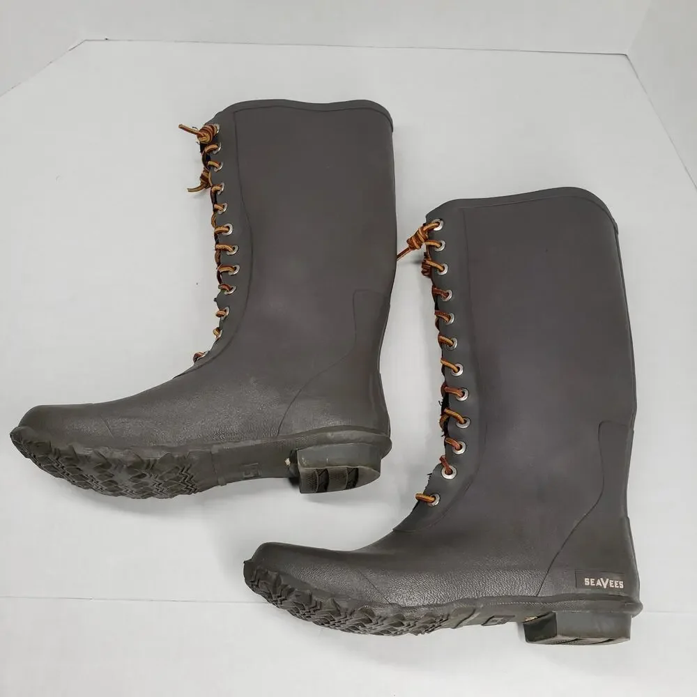 SeaVees Off Shore Tall Rubber Rain Boots Mens 10 Gray Winter Fisherman Flannel